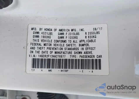 2017 Honda Accord Sport Se from USA, damaged, VIN 1HGCR2F13HA276677